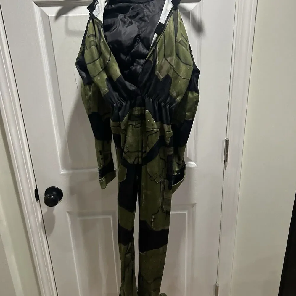 Halo Infinite Master Chief Costume Kids Size 14 Green Jumpsuit Helmet Halloween